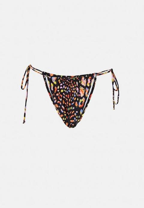 Black Leopard Print Tie Side Bikini Bottoms, Black