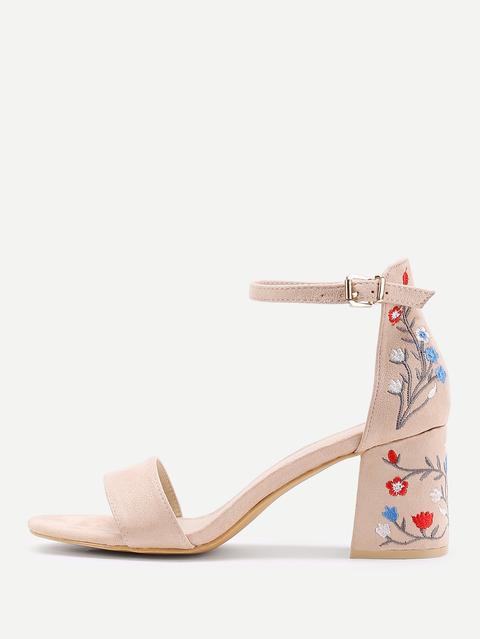 Flower Embroidery Two Part Block Heeled Sandals