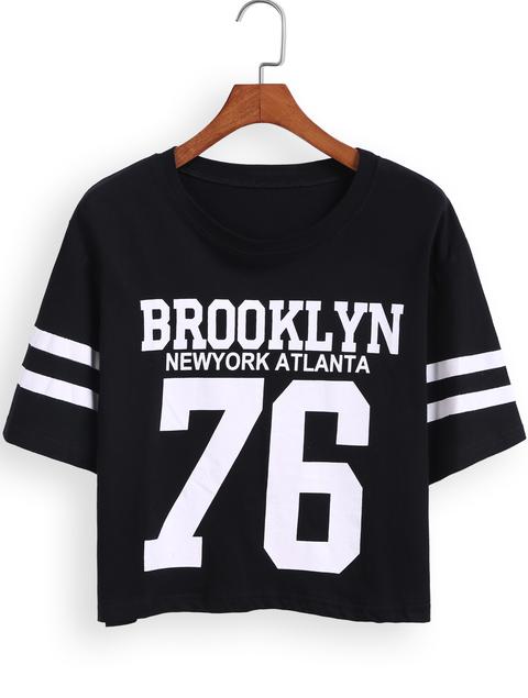 Camiseta Crop Brooklyn 76 Manga Corta-negro