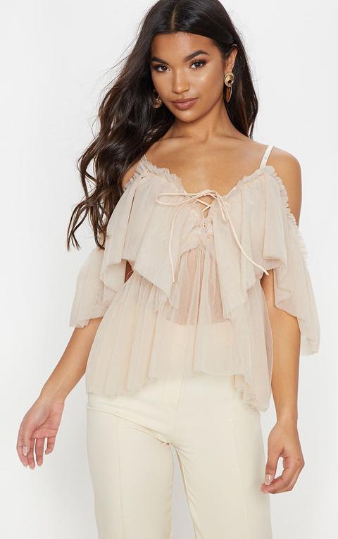 Nude Mesh Ruffle Blouse
