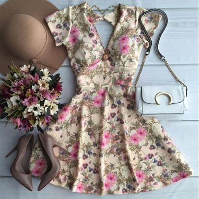 Pink Floral Print Pleated Cut Out Mini Dress