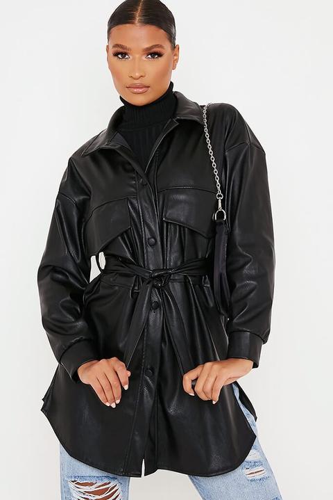 Black Faux Leather Shacket , Black