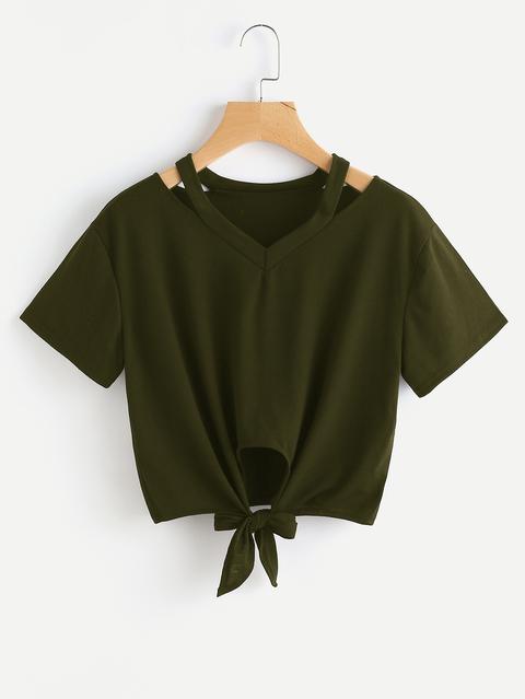 Cut Out V Neckline Knot Front Tee