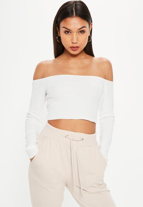 White Bardot Crop Knitted Top
