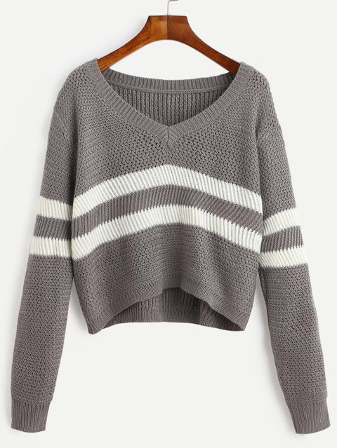 Maglione Ritagliato Scollo V A Strisce - Grigio