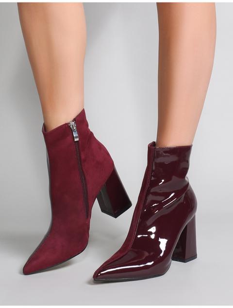 Chaos Contrast Pointed Toe Ankle Boots In Burgundy Patent And Faux Suede