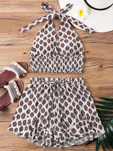 Top Corto Da Spiaggia Con Taglio Profondo E Pantaloncini White Deep Blue