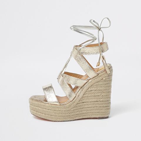 Gold Metallic Tie-up Espadrille Wedges