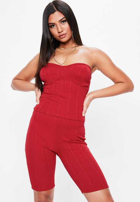 Red Strapless Ribbed Top, Red