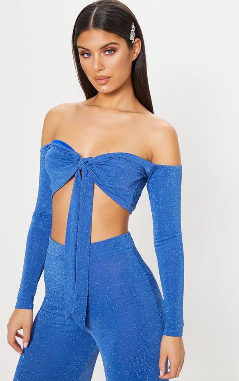 Cobalt Textured Glitter Tie Front Long Sleeve Crop Top