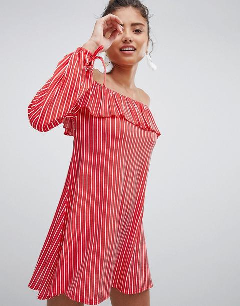 Prettylittlething Striped Bardot Dress - Red