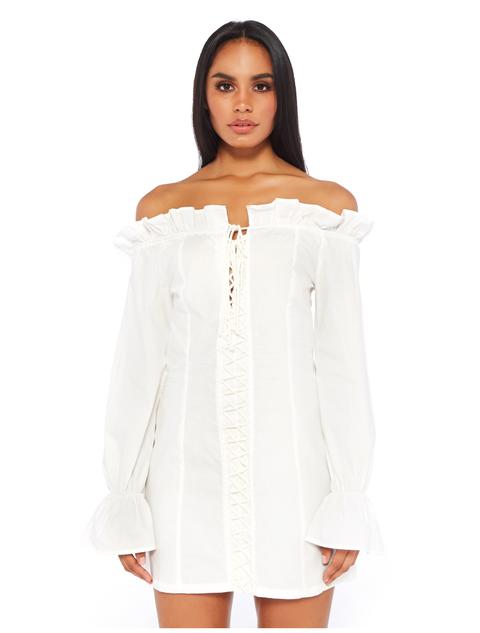 White Bardot Lace Up Mini Dress