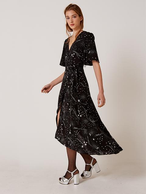 Black And White Cosmos Willow Wrap Midi Dress