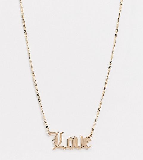 Asos Design Curve Necklace With Gothic Font Love Pendant In Gold Tone