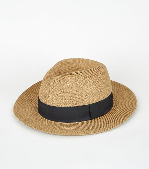 Tan Woven Straw Effect Fedora Hat New Look