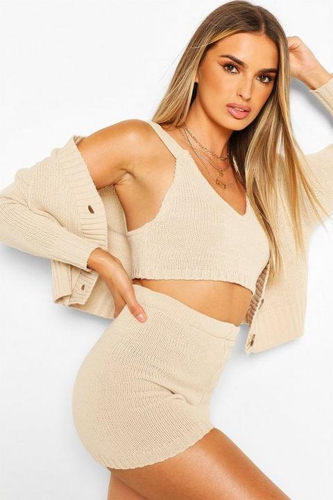 Womens Knitted Bralet Shorts & Cardigan Co-ord - Beige - L, Beige