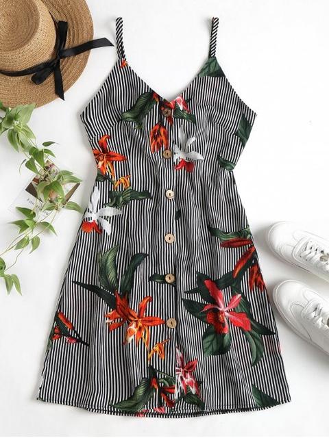 Vestido De Rayas Con Botones Florales En La Parte Delantera Cami Mini Multi