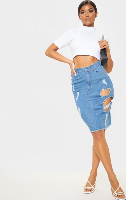 distressed denim midi skirt