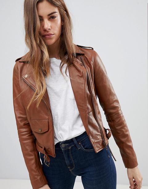Barney's Originals Leather Biker Jacket With Diagonal Zip Detail - Brown