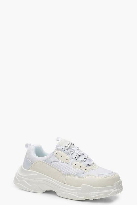 Womens Chunky Platform Lace Up Trainers - White - 3, White