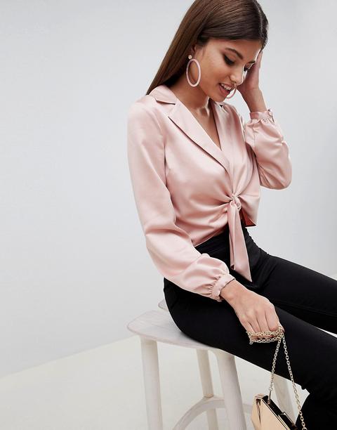 Asos Design - Top In Raso Allacciato Sul Davanti Con Colletto - Rosa