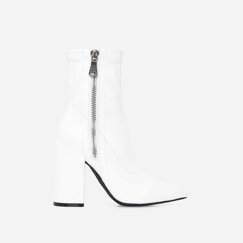 Lucian Block Heel Ankle Boot In White Faux Leather, White