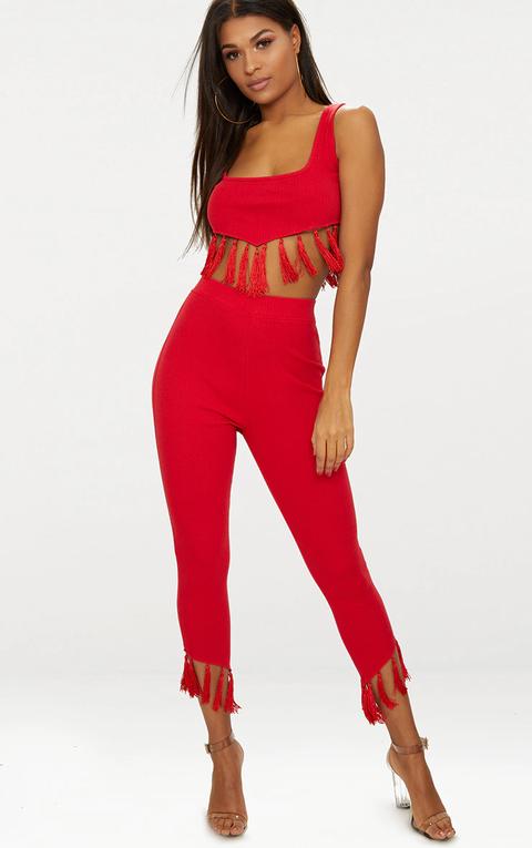 Red Rib Tassel Trim Legging, Red