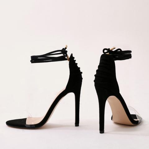 Bare Barely There Lace Up Heels In Black Faux Suede