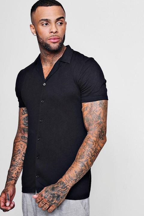Mens Black Muscle Fit Short Sleeve Revere Jersey Shirt, Black
