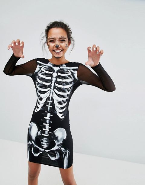 Asos - Halloween - Vestitino Fasciante A Rete Con Scheletro - Nero