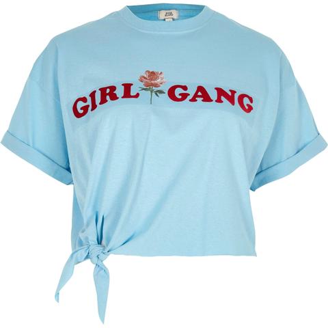 Blue 'girl Gang' Knot Front Cropped T-shirt