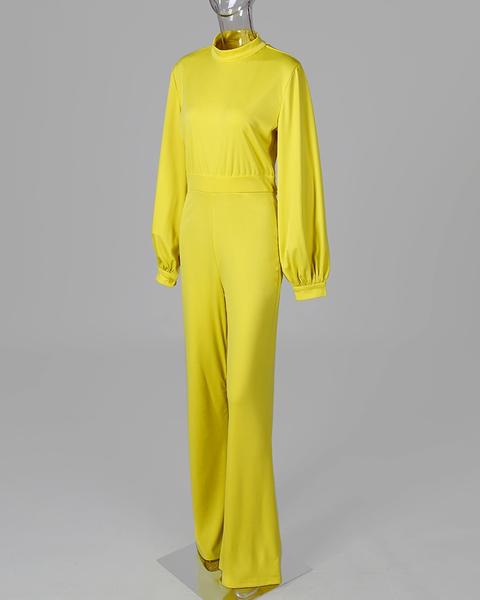 solid lantern sleeve mock neck jumpsuits