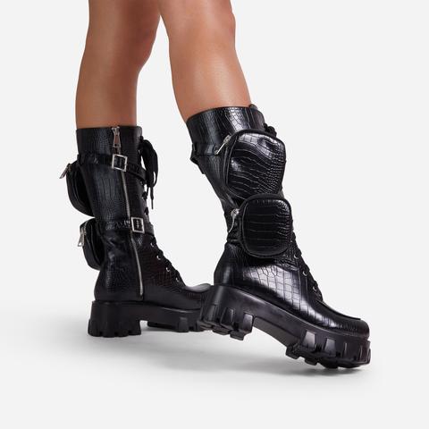 Fyre Pocket Detail Lace Up Chunky Sole Ankle Biker Boot In Black Croc Print Faux Leather, Black