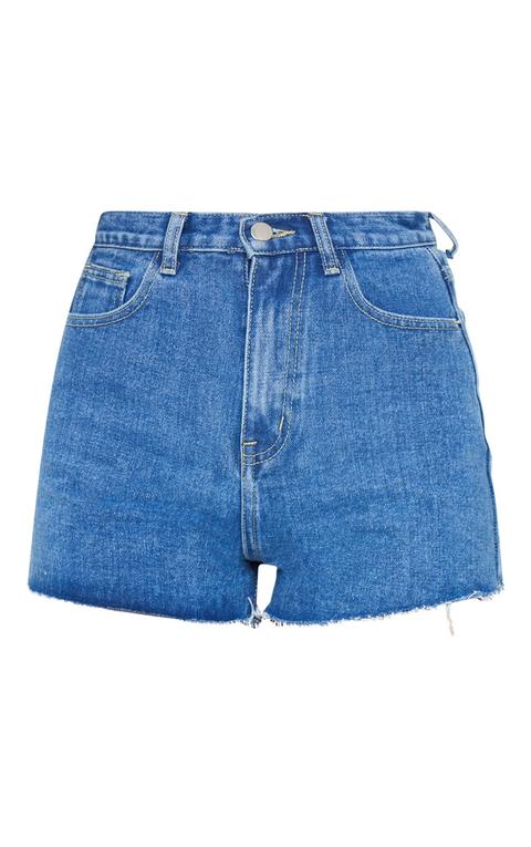 Prettylittlething Mid Blue Wash Raw Hem Hotpants