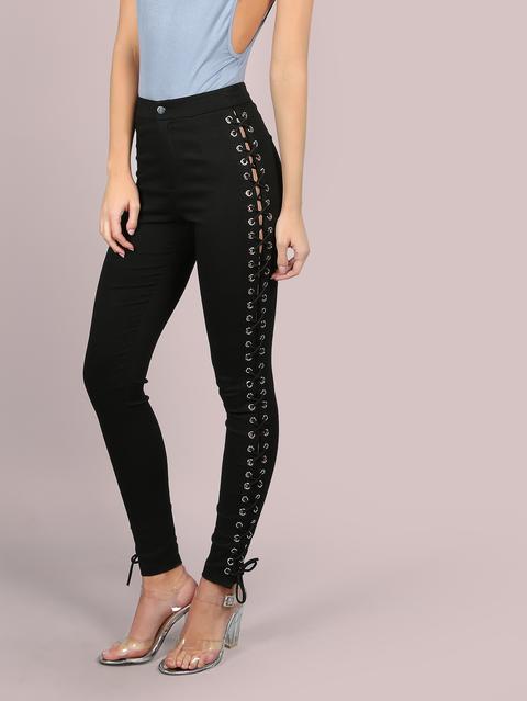 Pantaloni Skinnies Con Pizzo Vita Alta Nero