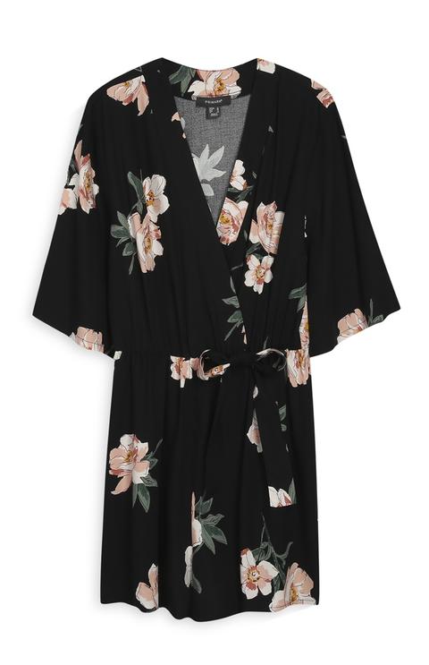 Tutina Nera A Fiori Stile Kimono