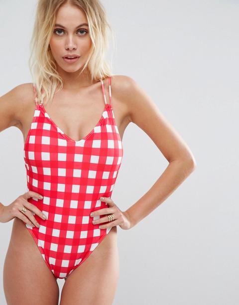 Bañador De Pernera Alta Con Espalda Cruzada Y Estampado De Vichy Roja De Asos Design