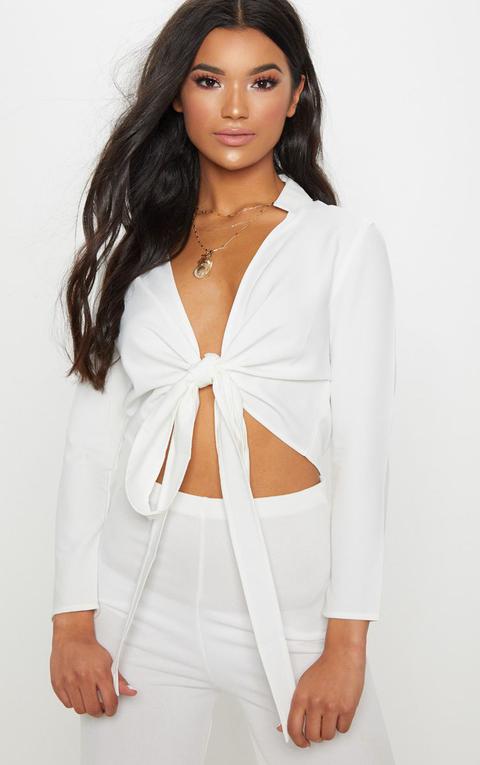 Blanche White Tie Front Long Sleeve Crop Blouse