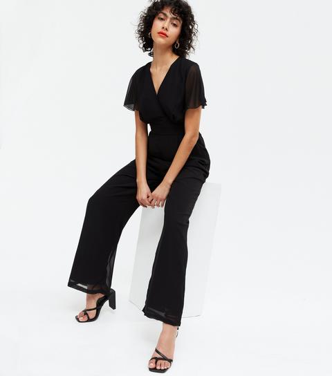 Yumi Black Chiffon Wrap Jumpsuit New Look