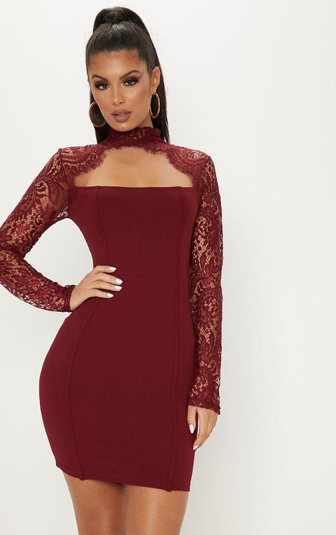 Burgundy Lace Arm Binding Detail Bodycon Dress