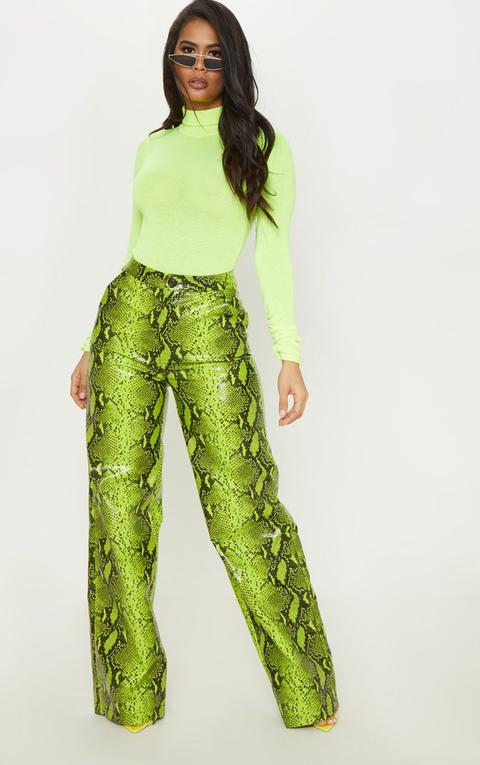 Neon Green Faux Leather Snake Print Wide Leg Trouser