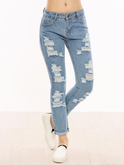 Jeans Strappati Risvolti - Blu