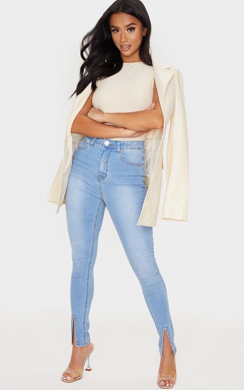 Petite Light Blue Wash Split Front Skinny Jean