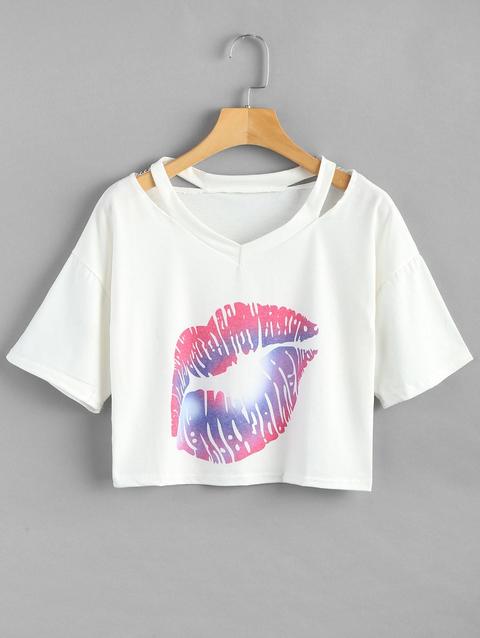 T-shirt Corta Stampata Bacio Con Scollo A V