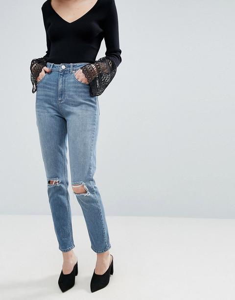 Asos Design - Farleigh - Jean Mom Slim À Taille Haute Et Genoux Usés - Taupe Clair Délavé - Bleu