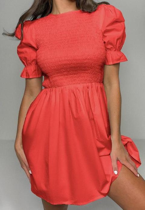 Red Shirred Bust Frill Sleeve Dress, Red