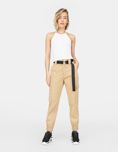 Pantalon Cargo Chevilles Élastiques Beige