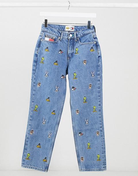 Tommy Jeans X Looney Tunes All Over Icon Mom Jean In Midwash Blue
