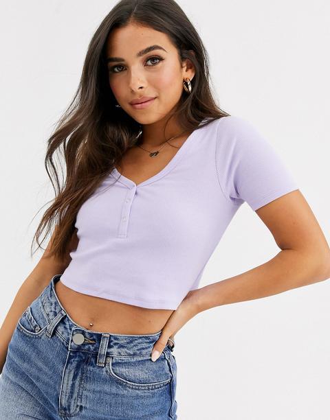 Asos Design V-neck Popper Front T-shirt In Lilac-green