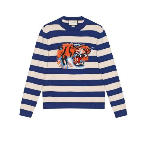 Maglione In Lana A Righe Con Testa Di Tigre